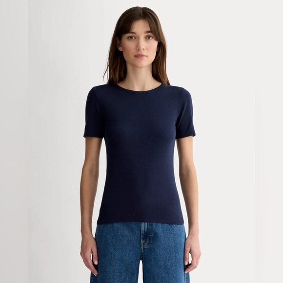 Everlane M Navy Ribbed Short Sleeve Tee Casual Supima Cotton Preppy Quiet Luxury - Picture 2 of 10